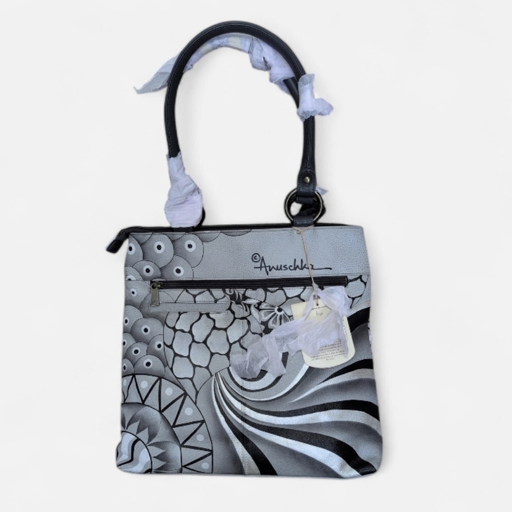 Anuschka Patchwork Leather Purse Hand Painted Gray Black Medium Tote Bag NWT Art